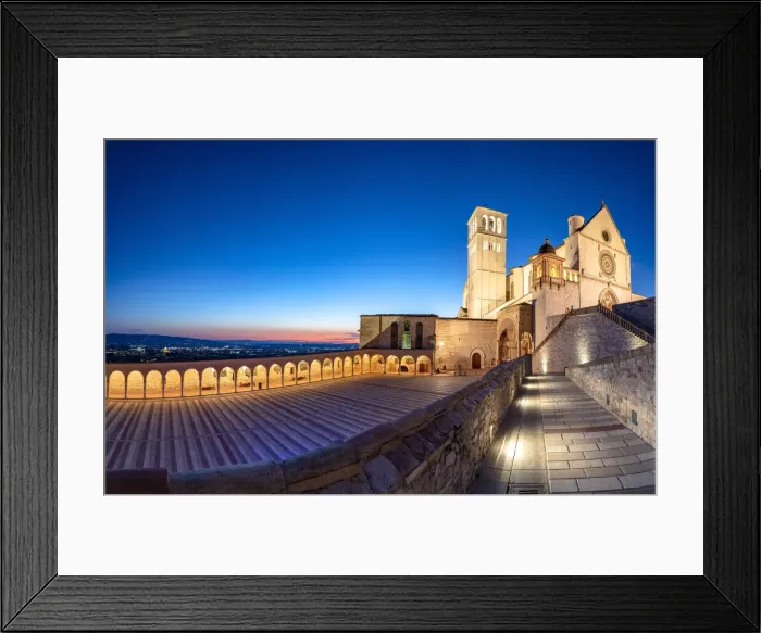 Framed Print : Panoramic of the illuminated arcade and Basilica di San Francesco during blue hour Framed Print : Panoramic of the illuminated arcade and Basilica di San Francesco during blue hour