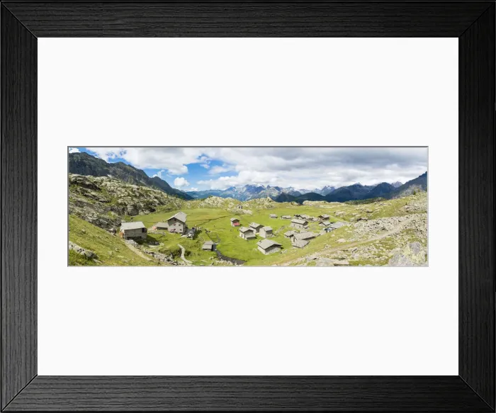 Framed Print : Stone huts and Rifugio Cristina surrounded by Rhaetian Alps, Alpe Prabello, Valmalenco Framed Print : Stone huts and Rifugio Cristina surrounded by Rhaetian Alps, Alpe Prabello, Valmalenco