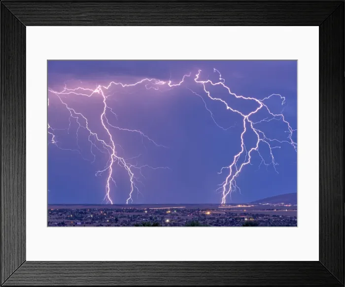 Framed Print : Lightning bolts striking Prescott area in the distance with the town of Chino Valley just Framed Print : Lightning bolts striking Prescott area in the distance with the town of Chino Valley just