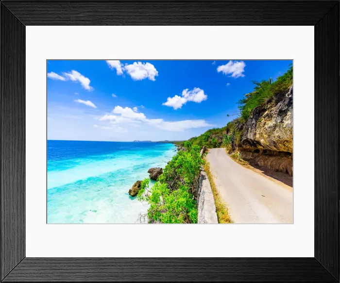 Framed Print : Crystal clear blue ocean side driving along the road on Bonaire, Netherlands Antilles Framed Print : Crystal clear blue ocean side driving along the road on Bonaire, Netherlands Antilles