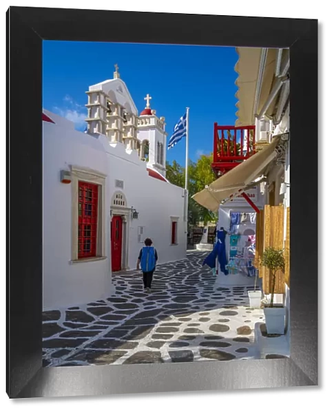 View of shops in narrow street in Mykonos Town, Mykonos, Cyclades Islands, Greek Islands