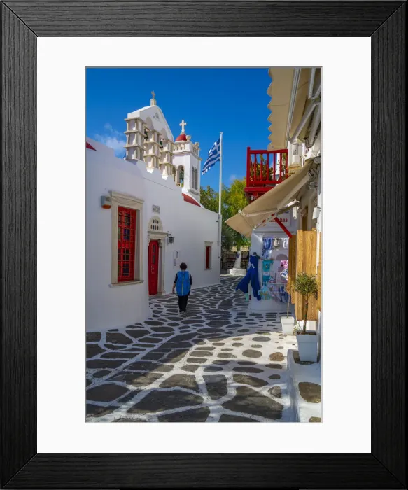 Framed Print : View of shops in narrow street in Mykonos Town, Mykonos, Cyclades Islands, Greek Islands Framed Print : View of shops in narrow street in Mykonos Town, Mykonos, Cyclades Islands, Greek Islands