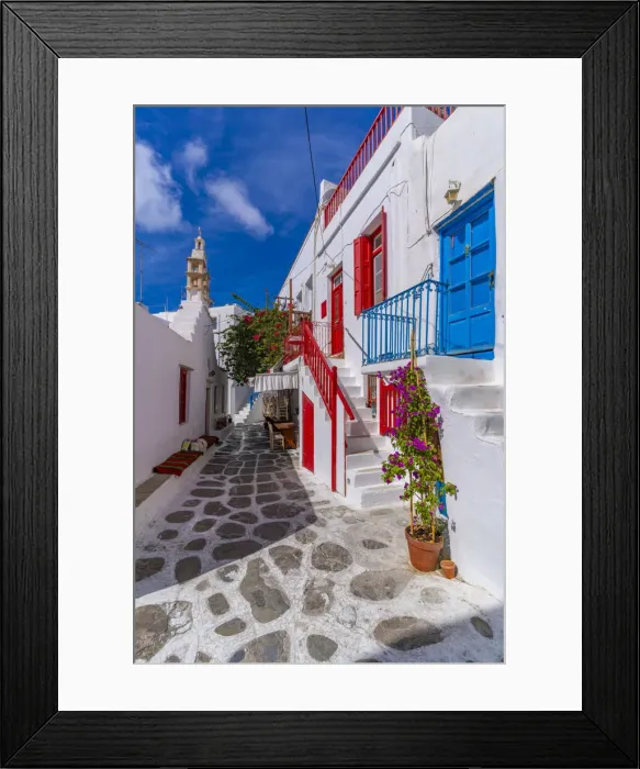 Framed Print : View of whitewashed cobbled street, Mykonos Town, Mykonos, Cyclades Islands Framed Print : View of whitewashed cobbled street, Mykonos Town, Mykonos, Cyclades Islands