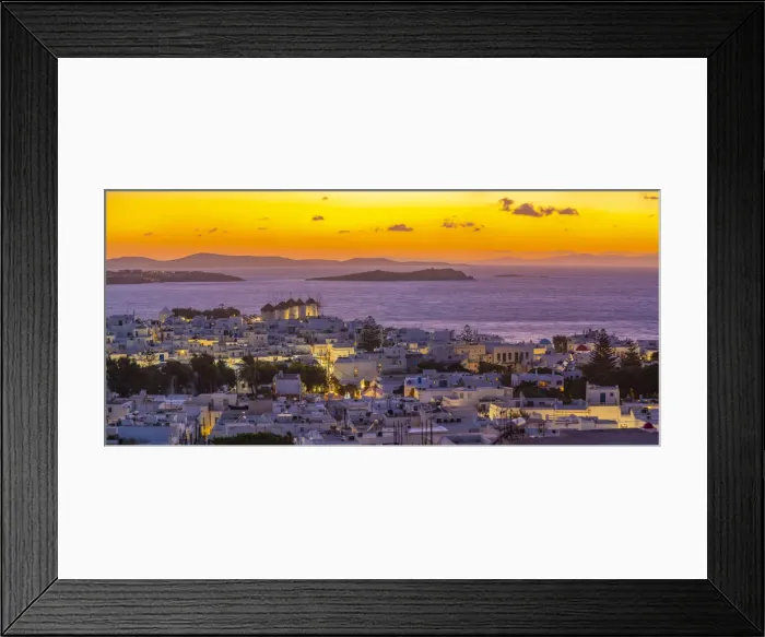 Framed Print : View of windmills and Aegean Sea from elevated position at sunset, Mykonos Town, Mykonos Framed Print : View of windmills and Aegean Sea from elevated position at sunset, Mykonos Town, Mykonos