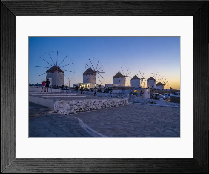 Framed Print : View of the windmills in Mykonos Town at dusk, Mykonos, Cyclades Islands, Greek Islands Framed Print : View of the windmills in Mykonos Town at dusk, Mykonos, Cyclades Islands, Greek Islands