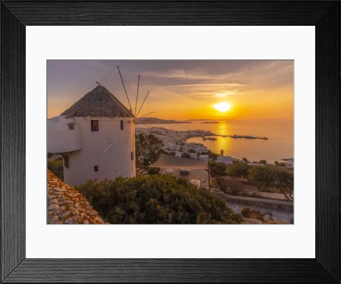 Framed Print : View of windmill overlooking town at golden sunset, Mykonos Town, Mykonos Framed Print : View of windmill overlooking town at golden sunset, Mykonos Town, Mykonos