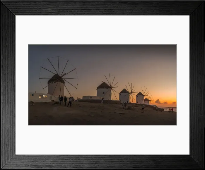 Framed Print : View of the windmills in Mykonos Town at sunset, Mykonos, Cyclades Islands, Greek Islands Framed Print : View of the windmills in Mykonos Town at sunset, Mykonos, Cyclades Islands, Greek Islands