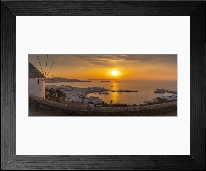 Framed Print : View of windmill overlooking town at golden sunset, Mykonos Town, Mykonos Framed Print : View of windmill overlooking town at golden sunset, Mykonos Town, Mykonos