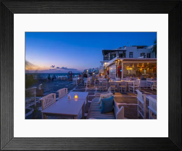 Framed Print : View of restaurants at Little Venice in Mykonos Town at night, Mykonos, Cyclades Islands Framed Print : View of restaurants at Little Venice in Mykonos Town at night, Mykonos, Cyclades Islands
