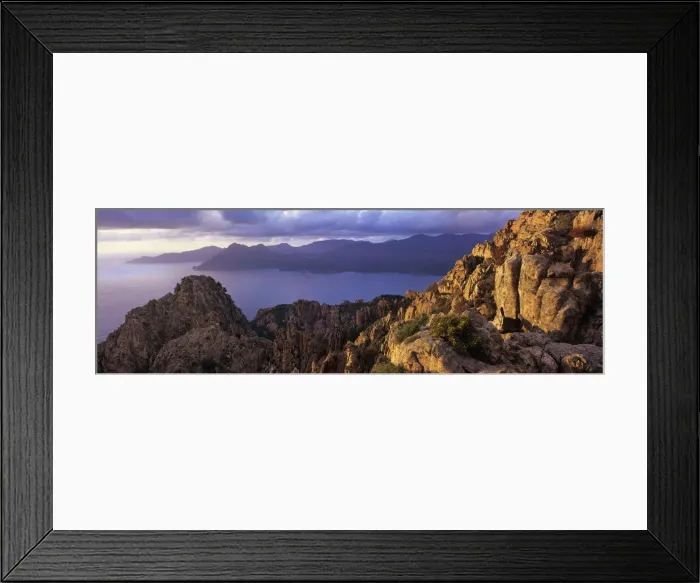 Framed Print : Calanques de Piana and view across the Gulf of Porto at sunset, Piana, Corsica, France Framed Print : Calanques de Piana and view across the Gulf of Porto at sunset, Piana, Corsica, France
