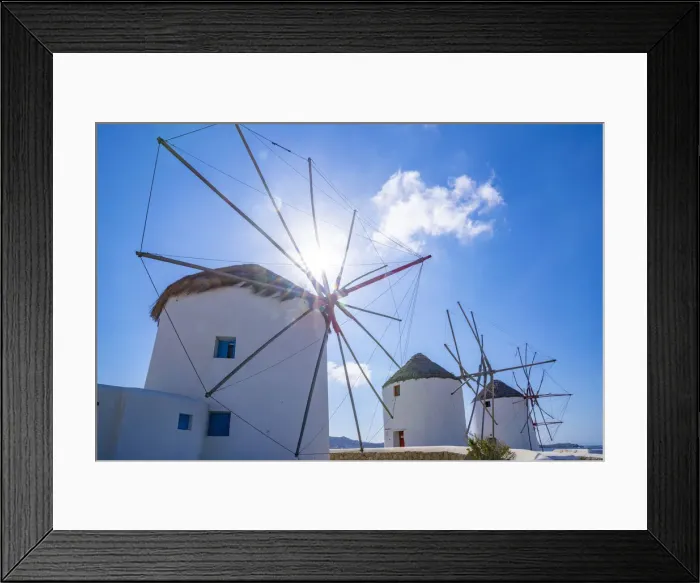 Framed Print : View of windmills, Mykonos Town, Mykonos, Cyclades Islands, Greek Islands, Aegean Sea