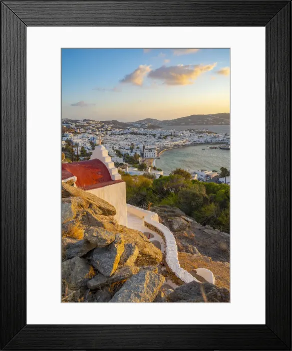 Framed Print : View of chapel and town from elevated view point at sunset, Mykonos Town, Mykonos Framed Print : View of chapel and town from elevated view point at sunset, Mykonos Town, Mykonos