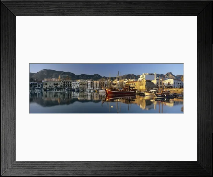 Framed Print : The boat filled harbour and mountains with mirror reflection, Kyrenia (Girne) Framed Print : The boat filled harbour and mountains with mirror reflection, Kyrenia (Girne)