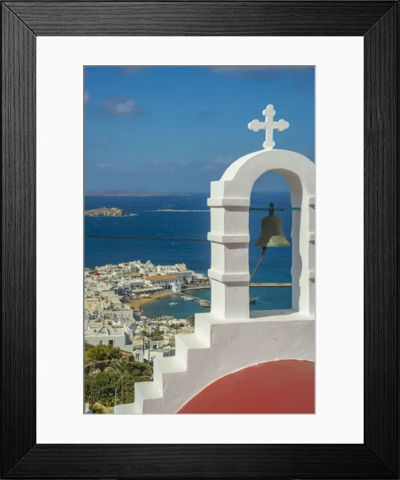 Framed Print : Elevated view of little white chapel, Old Harbour and town, Mykonos Town, Mykonos Framed Print : Elevated view of little white chapel, Old Harbour and town, Mykonos Town, Mykonos