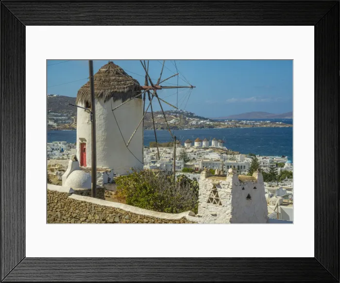 Framed Print : Elevated view of windmills and town, Mykonos Town, Mykonos, Cyclades Islands Framed Print : Elevated view of windmills and town, Mykonos Town, Mykonos, Cyclades Islands