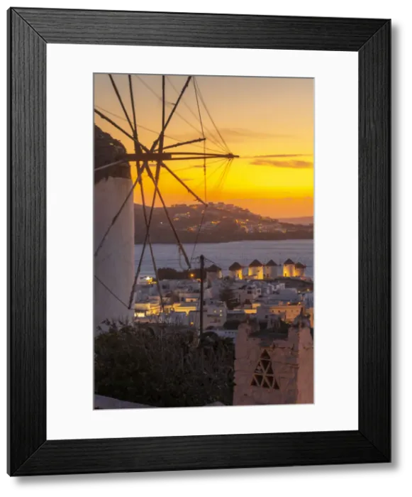 Framed Print : View of the windmills and town from elevated position at dusk, Mykonos Town, Mykonos Framed Print : View of the windmills and town from elevated position at dusk, Mykonos Town, Mykonos