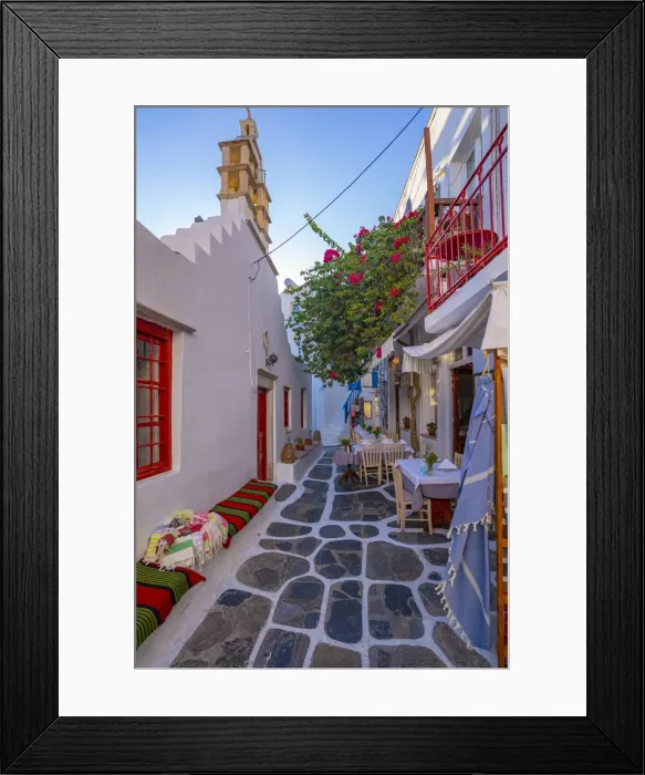 Framed Print : View of cafe in colourful narrow cobbled street, Mykonos Town, Mykonos, Cyclades Islands