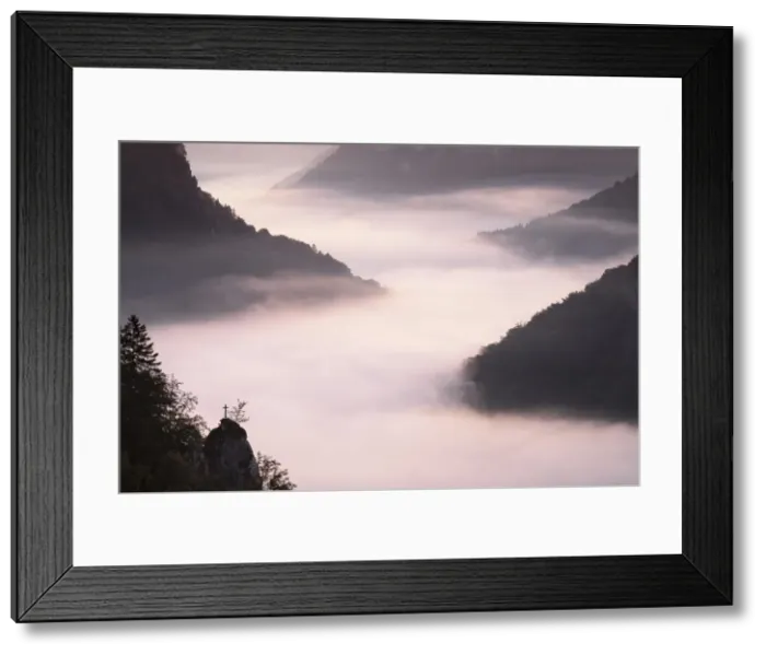 Framed Print : View from Eichfelsen Rock into Danube Gorge at sunrise, Upper Danube Nature Park Framed Print : View from Eichfelsen Rock into Danube Gorge at sunrise, Upper Danube Nature Park