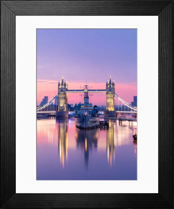 Framed Print : Sunrise view of HMS Belfast and Tower Bridge reflected in River Thames Framed Print : Sunrise view of HMS Belfast and Tower Bridge reflected in River Thames