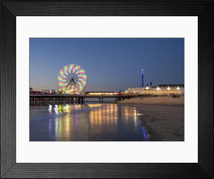 Framed Print : Big wheel and amusements on Central Pier at sunset with Blackpool Tower, Blackpool Framed Print : Big wheel and amusements on Central Pier at sunset with Blackpool Tower, Blackpool