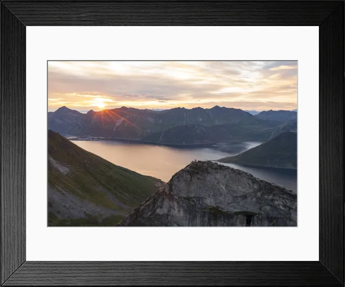 Framed Print : People admiring the sky at dawn standing on mountain top above the fjords, Senja island Framed Print : People admiring the sky at dawn standing on mountain top above the fjords, Senja island