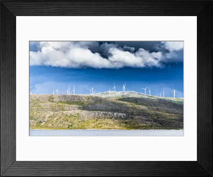 Framed Print : Wind farm of white turbines on rocky coastline, Troms county, Norway, Scandinavia, Europe Framed Print : Wind farm of white turbines on rocky coastline, Troms county, Norway, Scandinavia, Europe