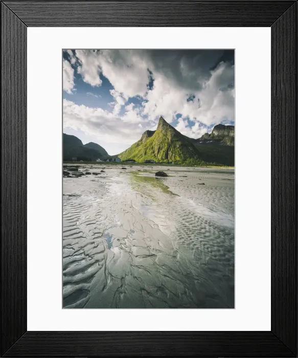 Framed Print : Empty sand beach with majestic Hatten mountain in the background, Ersfjord, Senja island Framed Print : Empty sand beach with majestic Hatten mountain in the background, Ersfjord, Senja island