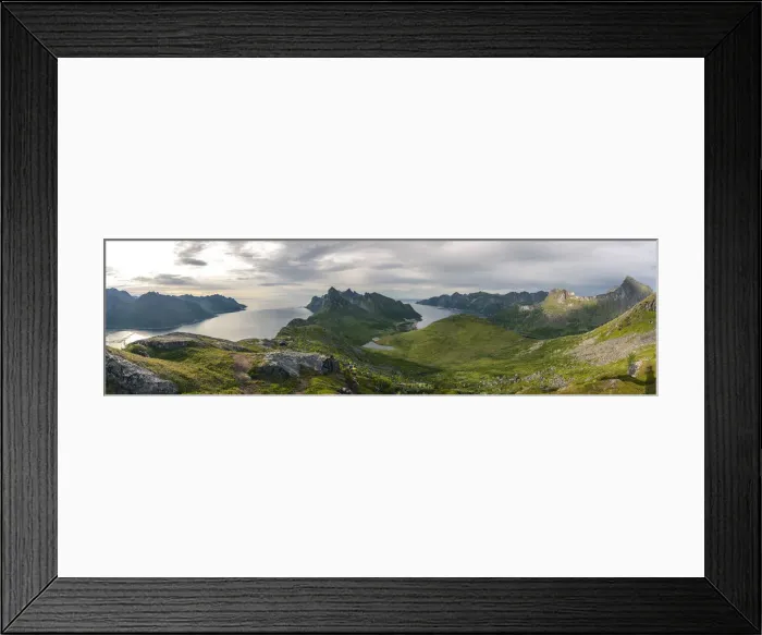 Framed Print : Hikers walking on footpath on Barden mountain above Fjordgard towards Segla peak Framed Print : Hikers walking on footpath on Barden mountain above Fjordgard towards Segla peak