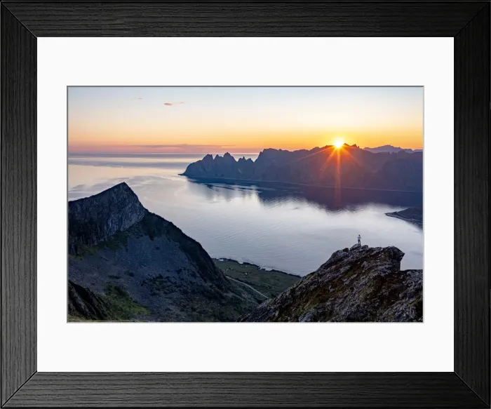 Framed Print : Person admiring the fjord at dawn standing on top of Husfjellet mountain, Senja island Framed Print : Person admiring the fjord at dawn standing on top of Husfjellet mountain, Senja island