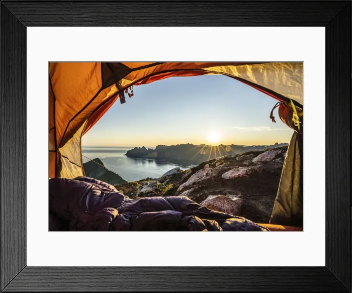 Framed Print : Warm lights of sunrise view from the inside of hikers tent, Senja island Framed Print : Warm lights of sunrise view from the inside of hikers tent, Senja island