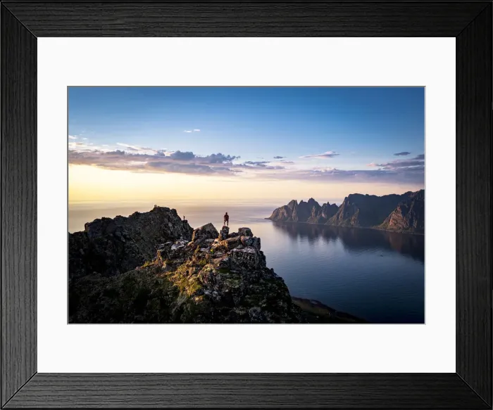 Framed Print : Person contemplating sunset from top of mountains, Senja island, Troms county, Norway Framed Print : Person contemplating sunset from top of mountains, Senja island, Troms county, Norway