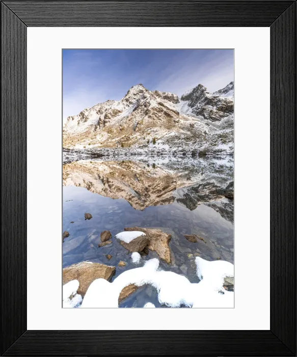 Framed Print : Corna Nera mountain peak reflected in Rogneda lake during the autumn sunrise Framed Print : Corna Nera mountain peak reflected in Rogneda lake during the autumn sunrise
