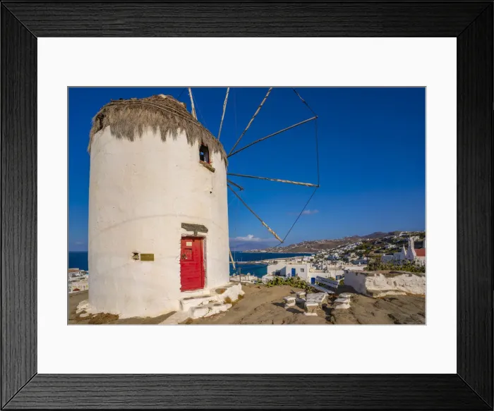 Framed Print : View of whitewashed windmill overlooking town, Mykonos Town, Mykonos, Cyclades Islands Framed Print : View of whitewashed windmill overlooking town, Mykonos Town, Mykonos, Cyclades Islands