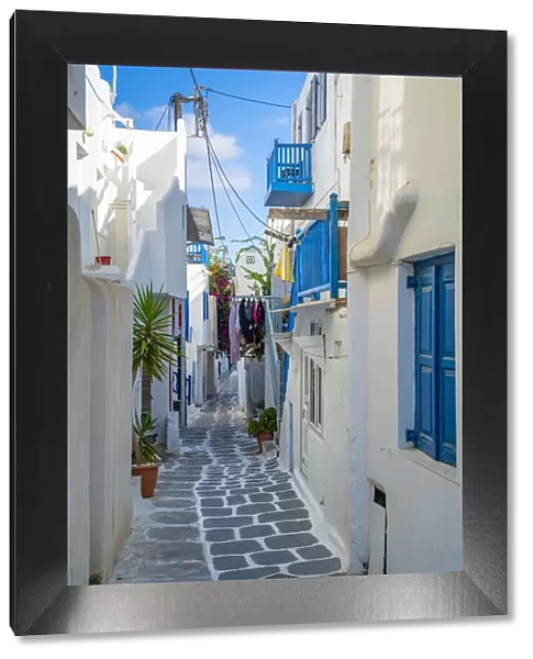 View of narrow street, Mykonos Town, Mykonos, Cyclades Islands, Greek Islands, Aegean Sea