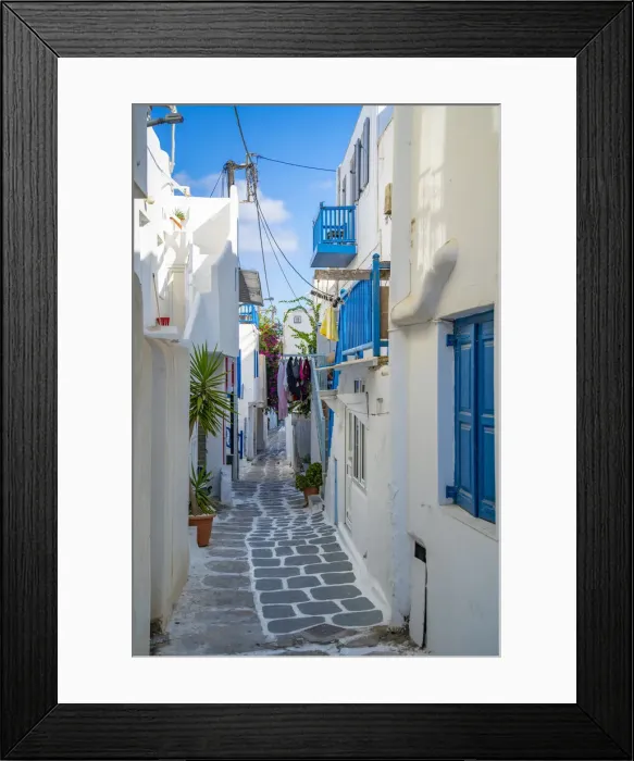 Framed Print : View of narrow street, Mykonos Town, Mykonos, Cyclades Islands, Greek Islands, Aegean Sea