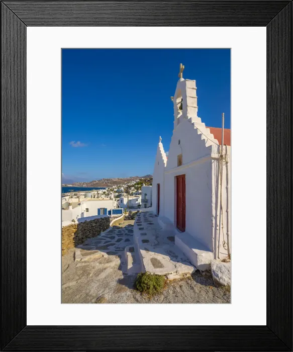 Framed Print : View of whitewashed chapel overlooking town, Mykonos Town, Mykonos, Cyclades Islands Framed Print : View of whitewashed chapel overlooking town, Mykonos Town, Mykonos, Cyclades Islands