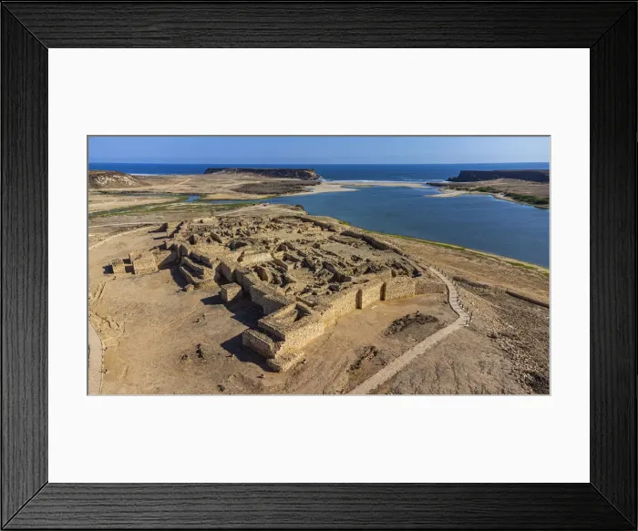 Framed Print : Aerial of the old Frankincense harbour Sumhuram, UNESCO World Heritage Site, Khor Rori Framed Print : Aerial of the old Frankincense harbour Sumhuram, UNESCO World Heritage Site, Khor Rori