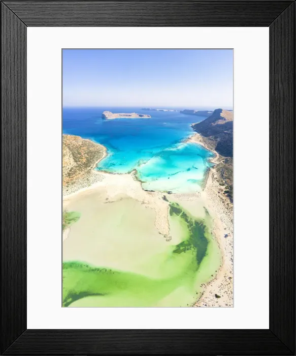 Framed Print : Aerial view of idyllic emerald green water of Balos lagoon and crystal sea, Crete island Framed Print : Aerial view of idyllic emerald green water of Balos lagoon and crystal sea, Crete island