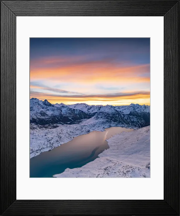 Framed Print : Aerial view of frozen lake Lago Bianco at Bernina mountain pass covered with snow Framed Print : Aerial view of frozen lake Lago Bianco at Bernina mountain pass covered with snow