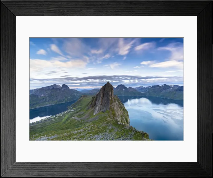 Framed Print : Clouds at sunset over the unspoiled blue water of fjords and Segla Mountain, Senja island Framed Print : Clouds at sunset over the unspoiled blue water of fjords and Segla Mountain, Senja island