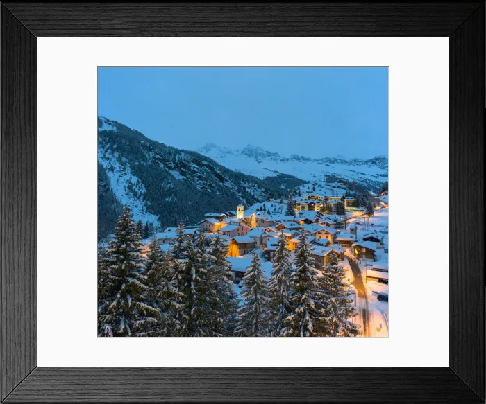 Framed Print : Blue dusk over snowcapped mountains and woods around the alpine huts of Pianazzo Framed Print : Blue dusk over snowcapped mountains and woods around the alpine huts of Pianazzo