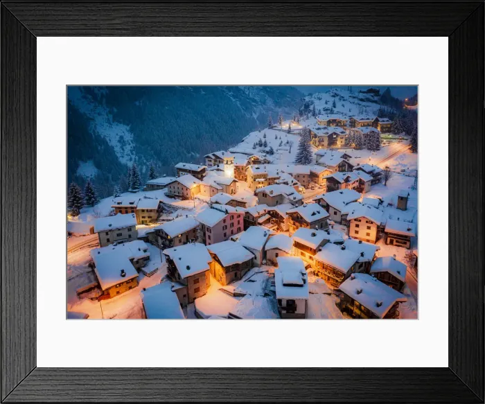 Framed Print : Christmas lights on mountain houses and chalets covered with snow at dusk, Pianazzo Framed Print : Christmas lights on mountain houses and chalets covered with snow at dusk, Pianazzo