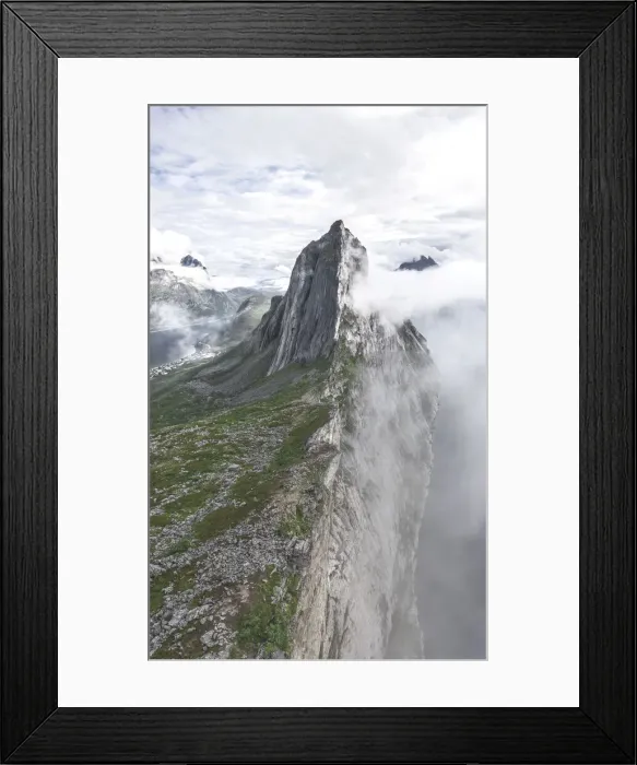 Framed Print : Aerial panoramic view of Mount Segla emerging from fog, Senja island, Troms county Framed Print : Aerial panoramic view of Mount Segla emerging from fog, Senja island, Troms county