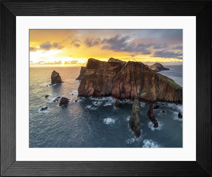 Framed Print : Burning sky at dawn on cliffs washed by ocean, Ponta do Rosto viewpoint Framed Print : Burning sky at dawn on cliffs washed by ocean, Ponta do Rosto viewpoint