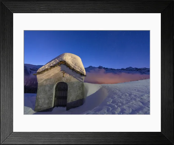 Framed Print : Small chapel covered with snow in the starry winter night, Andossi, Madesimo Framed Print : Small chapel covered with snow in the starry winter night, Andossi, Madesimo