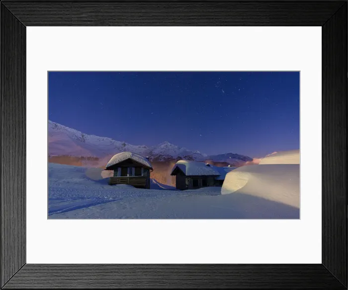 Framed Print : Mountain huts covered with snow during a winter starry night, Andossi, Madesimo Framed Print : Mountain huts covered with snow during a winter starry night, Andossi, Madesimo