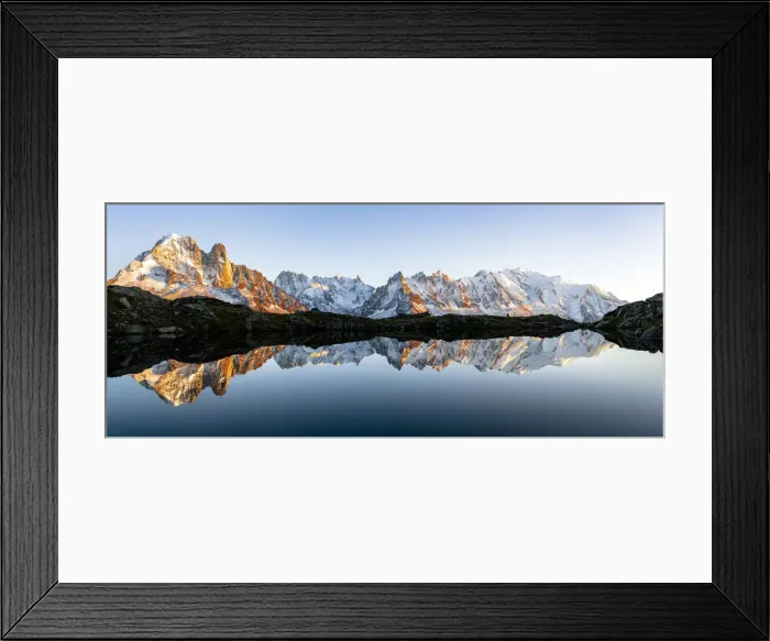 Framed Print : Panoramic of Mont Blanc Massif covered with snow reflected in Lacs de Cheserys at sunset Framed Print : Panoramic of Mont Blanc Massif covered with snow reflected in Lacs de Cheserys at sunset
