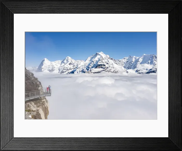 Framed Print : Two people photographing snowcapped Eiger and Monch peaks in fog from elevated walkway Framed Print : Two people photographing snowcapped Eiger and Monch peaks in fog from elevated walkway