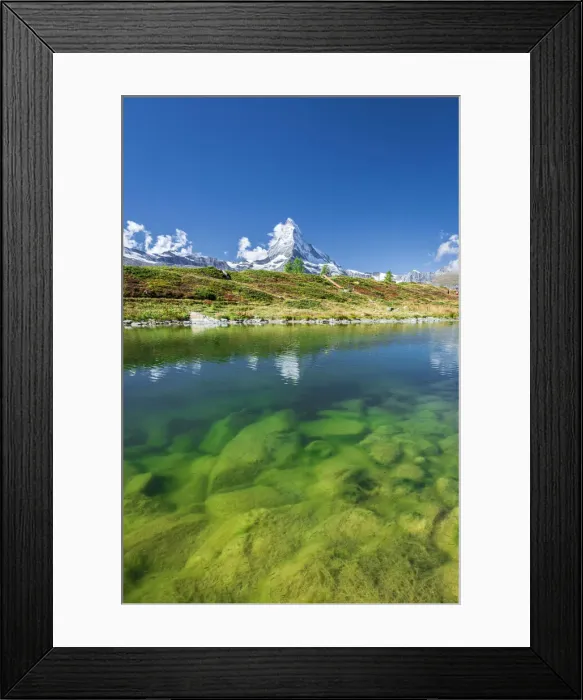 Framed Print : Matterhorn peak covered with snow reflected in the clear water of lake Leisee, Sunnegga Framed Print : Matterhorn peak covered with snow reflected in the clear water of lake Leisee, Sunnegga