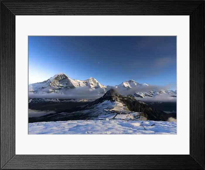 Framed Print : Night view of Eiger, Monch and Jungfrau mountains covered with snow from Mannlichen Framed Print : Night view of Eiger, Monch and Jungfrau mountains covered with snow from Mannlichen